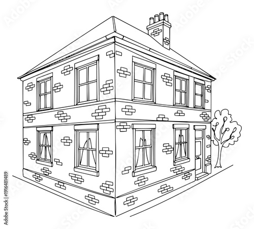 Continuous line drawing of a traditional two story brick house with chimney and tree
