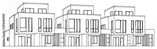 Minimalist one line drawing of modern terraced townhouses with flat roofs and glass windows