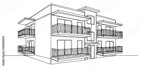 Modern two story apartment building with balconies in minimalist line art style