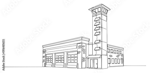 Modern fire station building with tall hose tower in clean line art drawing