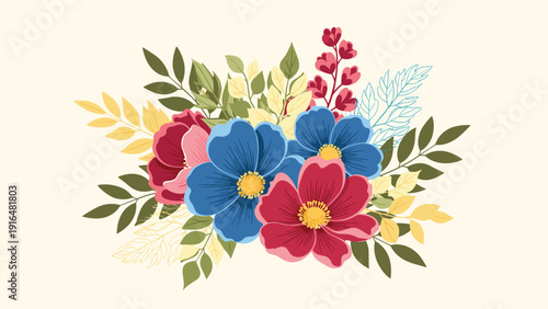 Vibrant and colorful floral arrangement featuring deep blue and burgundy flowers surrounded by various shades of green leaves.