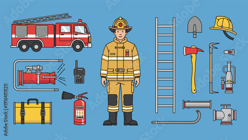 Complete set of firefighting equipment and emergency vehicle including a red fire truck a firefighter and various rescue tools.