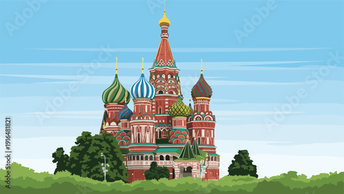 Detailed illustration of Saint Basils Cathedral in Moscow featuring its iconic colorful onion domes and grand architecture.