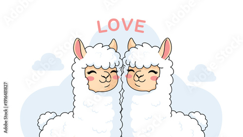 Two adorable white llamas facing each other with blushing cheeks and happy expressions under a large love text and clouds.