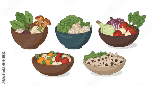 Five ceramic bowls filled with a variety of fresh vegetables like spinach mushrooms tomatoes garlic and onions on white background.