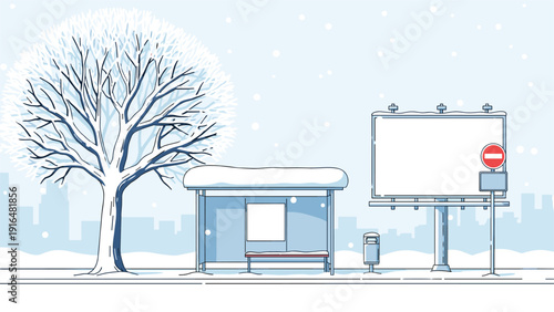 Quiet winter landscape showing a snow covered bus stop blank billboard and a bare white tree under a light snowfall in a city.