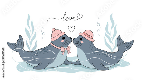 Two cute seals in love wearing hats and a bow sharing a kiss in the ocean with seaweed and bubbles under a love message.