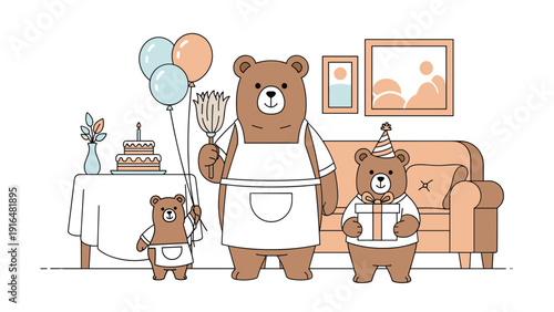 Cute bear family celebrating a birthday party in a cozy living room with balloons cake and gifts for a festive atmosphere.