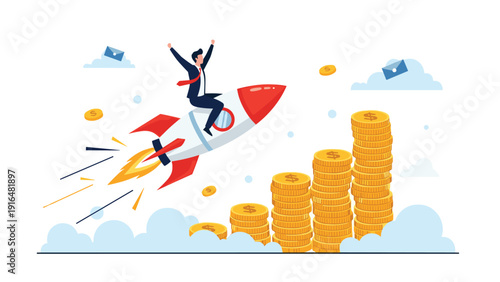 Ambitious businessman celebrating while riding a rocket over growing stacks of gold coins to represent financial success.