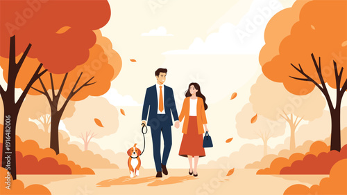 Happy couple in formal business attire walks their small dog through a beautiful autumn park filled with vibrant orange trees.