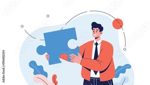 Successful businessman holding a large blue puzzle piece represents finding the right solution or a strategic business plan.