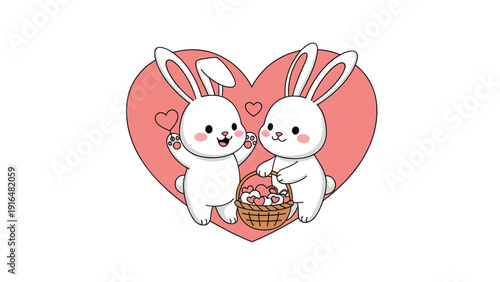 Two cute white bunnies in a large pink heart background carry a basket of hearts to celebrate love and a happy valentines day.