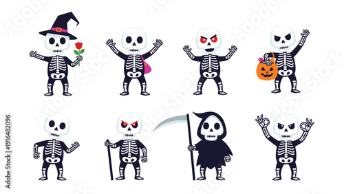 Collection of cute skeleton characters in various halloween costumes like a witch and grim reaper with funny active poses.