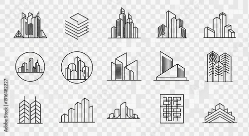 Collection of various line art city and building icons, representing urban landscapes and architectural designs on a transparent background.