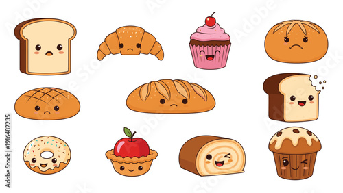 Set of cute bakery food characters with funny faces includes bread, a croissant, a donut, and a muffin with various emotions.