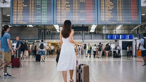 Woman in white dress with suitcase walks through busy airport terminal, checking flight information on digital display board with travelers in the background