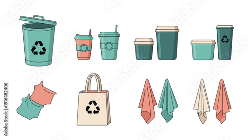 Set of eco-friendly and reusable items icons includes a trash can, coffee cups, a tote bag, and towels for sustainable living.