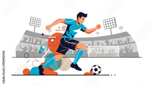 Professional soccer player in a blue and black uniform dribbles a ball across the stadium field during a competitive match.