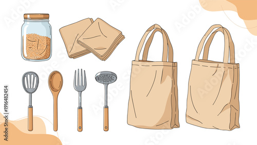 Eco friendly kitchen and shopping essentials including glass jar fabric napkins wooden utensils and reusable canvas tote bags.