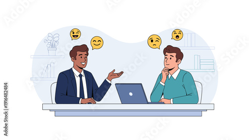 Professional colleagues in business attire having a discussion with expressive emoji speech bubbles over a laptop in an office.