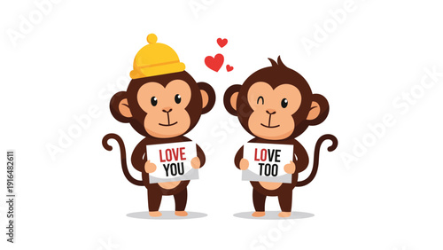 Two cute monkeys expressing their affection by holding signs that say love you and love too with hearts floating above them.