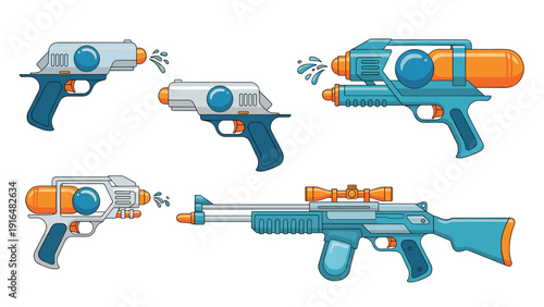 Collection of various water guns and blasters in shades of blue and orange designed for summer fun and outdoor water activities.