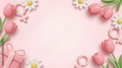 Pink background with tulips, daisies, gift box, and gender symbols for Womens Day.