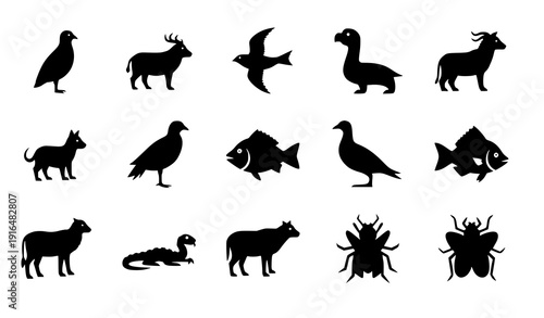Grid collection of black animal silhouettes including mammals reptiles birds fish and insects