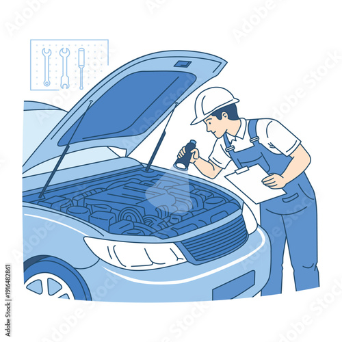 Auto mechanic in uniform and helmet inspecting a car engine with a flashlight and clipboard in a garage. Car maintenance service, vehicle diagnostic, professional automobile repair and workshop