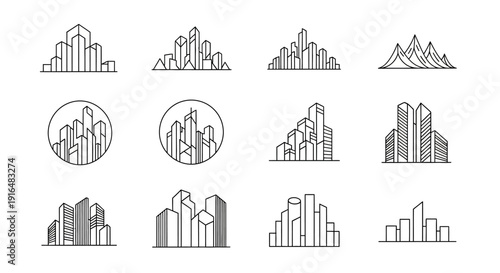 Collection of minimalist line art city skyline and building logos or icons on a white background, showcasing various architectural designs.