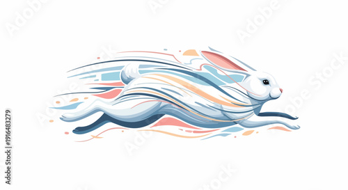 Illustration of a white rabbit running with colorful, flowing lines against a clean white background.