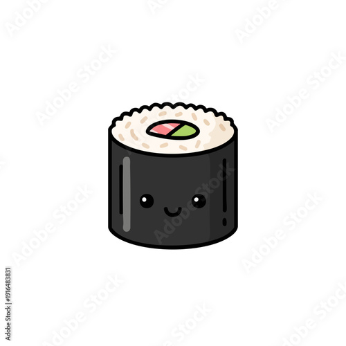 Cute Kawaii Sushi Roll with Happy Face Minimalist Cartoon Illustration.