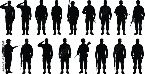 WebMilitary Soldier Silhouette Collection Featuring Armed Army Men in Different Standing and Saluting Poses Vector Illustration Isolated on White Background for Defense and Graphic Design