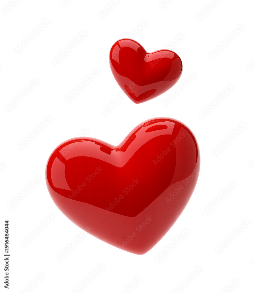 Fototapeta premium Two Glossy Red Hearts Floating Separated, One Larger Than The Other, Isolated on White Background, Symbolizing Love and Connection