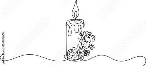 Candle continuous with Beautiful flowers, one line Art icon drawing vector