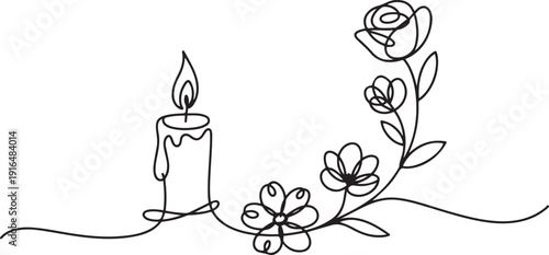 Candle continuous with Beautiful flowers, one line Art icon drawing vector