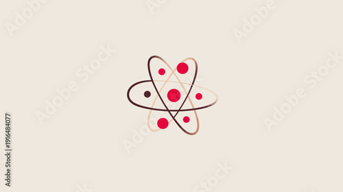 Minimalist Atom Illustration with Red Nucleus and Orbiting Electrons. Simple scientific molecular structure design.