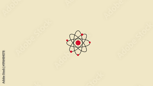 Minimalist atomic structure illustration with red nucleus and electrons orbiting, symbolizing science, physics, chemistry, and research.