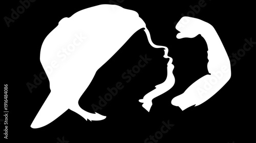 Dynamic strength concept: White silhouette of a flexing bicep and a head profile wearing a baseball cap on black background