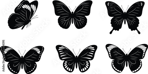 Set of six vector silhouettes of butterflies with different wing patterns and shapes in black, isolated on a white background, perfect for design elements.
