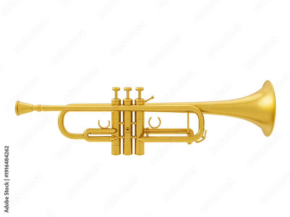 Fototapeta premium Golden trumpet isolated on white background, shiny brass instrument for music, orchestra, band, performance, close-up studio shot