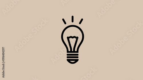 Illuminated Light Bulb Outline Icon on Beige Background Representing Bright Ideas, Creativity, Innovation, and Solutions