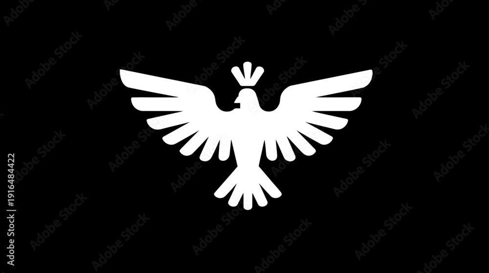 Obraz premium Regal white stylized bird with a crown icon on a black background. Modern graphic design element or symbol.