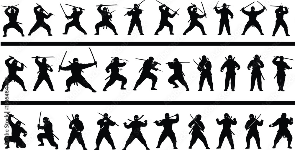 Fototapeta premium Set of twenty-five different black vector ninja warrior silhouettes in various action combat poses with swords, isolated on white background, perfect for design elements.