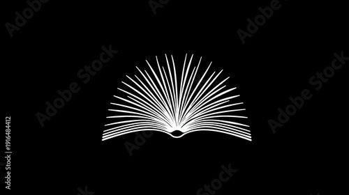 Abstract open book icon with fanned pages symbolizing knowledge, education, learning, wisdom, and discovery on a black background