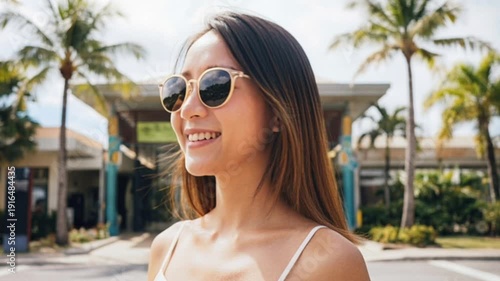 Young Asian woman with long hair smiles brightly while wearing sunglasses, standing outdoors in a tropical setting with palm trees and a modern building in the background