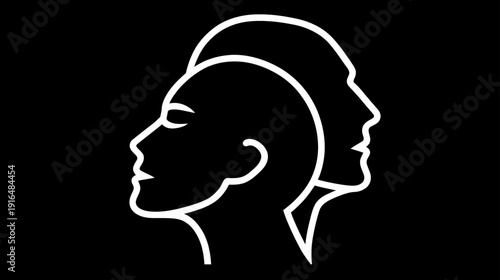 Minimalist white line art illustration of two overlapping human profiles on a black background, symbolizing duality, connection, and identity.