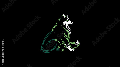 Stylized husky dog illustration, vibrant green and white outlines on black background. Modern canine art, vector graphic.