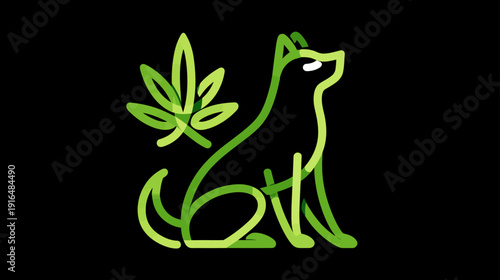 Green line art illustration of a stylized sitting dog with a cannabis leaf, symbolizing natural pet wellness and herbal remedies.