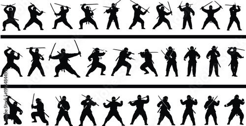 Set of twenty-five different black vector ninja warrior silhouettes in various action combat poses with swords, isolated on white background, perfect for design elements.